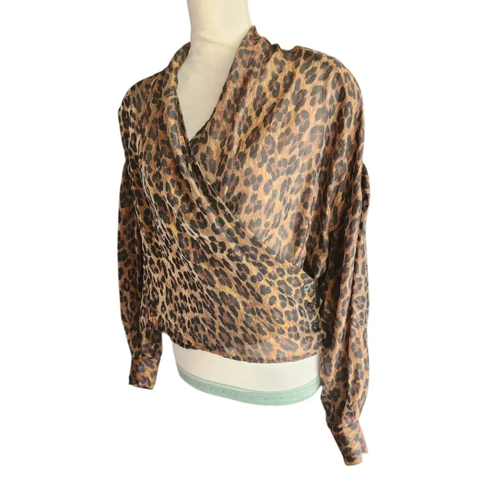 Vintage 80s Portara Leopard Print Sheer Wrap Blouse Size S 38 German Designer